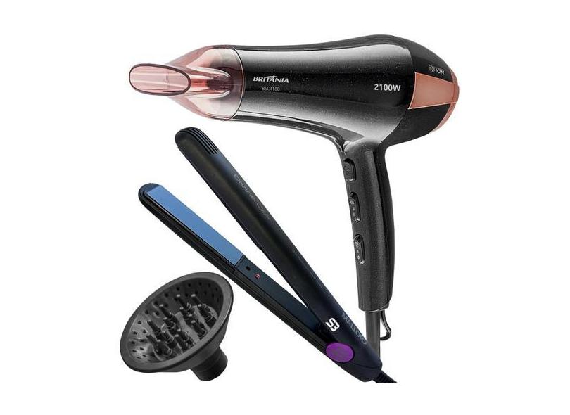 Secador De Cabelo Britânia 2100W Difusor E Chapinha Bivolt