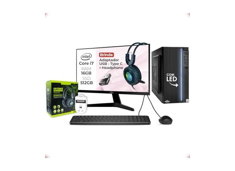 Computador Completo Intel Core i7 16GB SSD 512GB + Headset + Adaptador USB-C Monitor 17" 4 Núcleos Super Turbo Pc Hdmi Teclado e Mouse Strong Tech