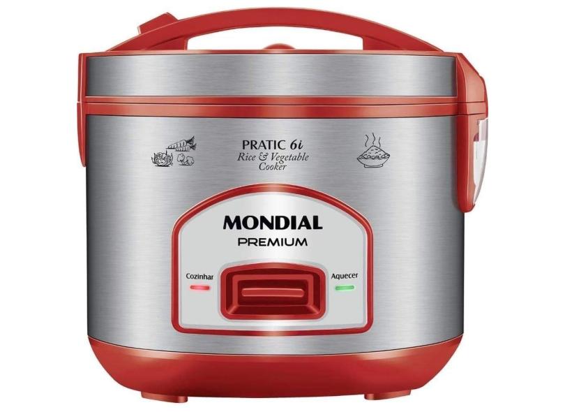 Panela Elétrica De Arroz Mondial Pratic Inox 6 Litros + Cesto à Vapor Vermelho 220v