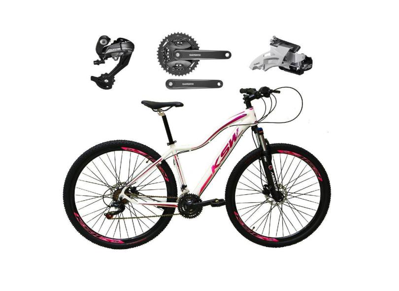 Bicicleta Feminina aro 29 Ksw Mwza 27v Câmbios Shimano Altus Freios Hidráulicos - Branco/Pink/Violeta