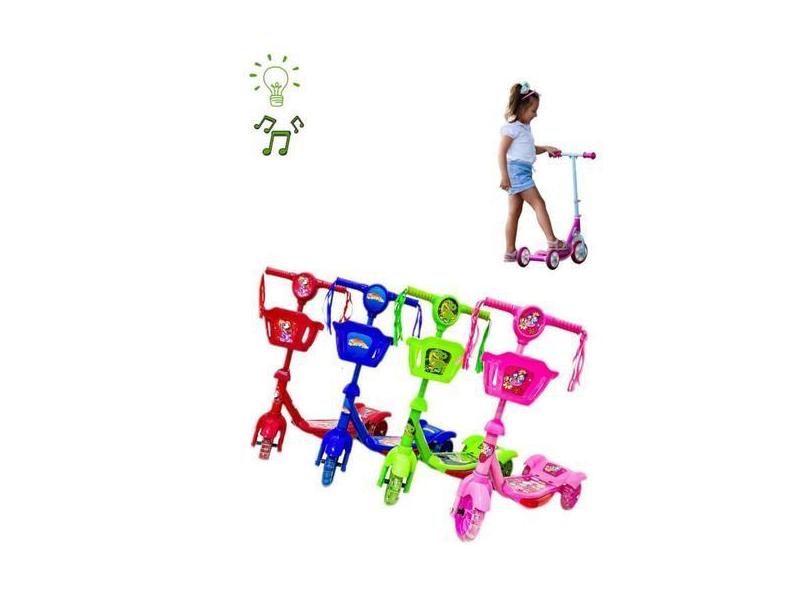 Patinete Infantil 3 Rodas 4 Cores Com Musica Luzes Cesta Freio Brinque