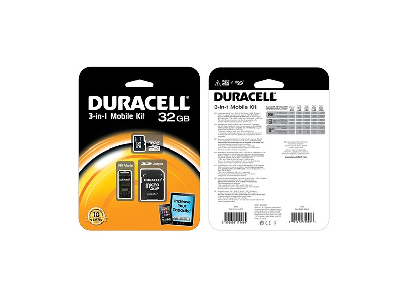 Cartão de Memória Micro SDHC com Adaptador Duracell 32 GB DU-3IN1-32G-R