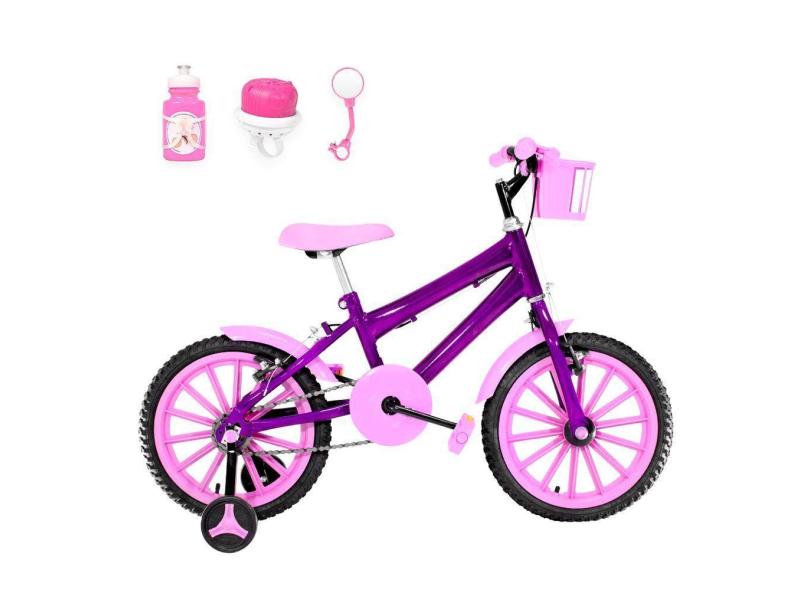 Bicicleta Infantil Feminina Aro 16 Nylon + Kit Passeio Cor Violeta E Rosa