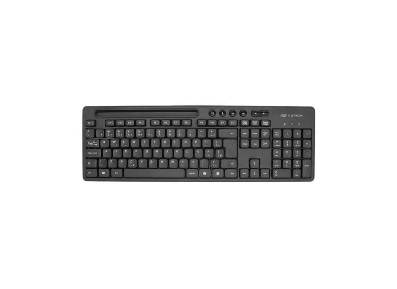 Teclado sem Fio C3Tech KB-W100BK - Padrão ABNT2 - Conexão 2.4Ghz - Com Apoio para Smartphone - Preto