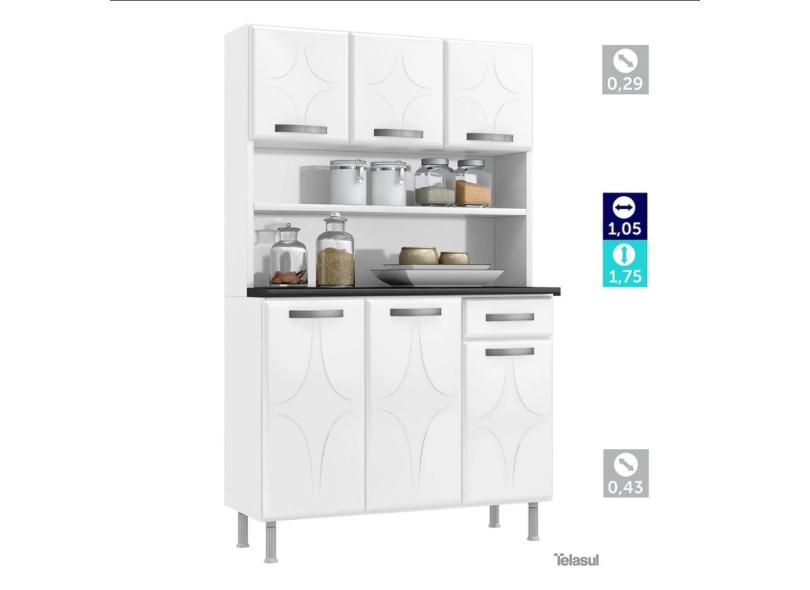 Armário De Cozinha Telasul Rubi 6 Portas 1 Gaveta, Com Vidro, Aço Branco E  Preto - 811226