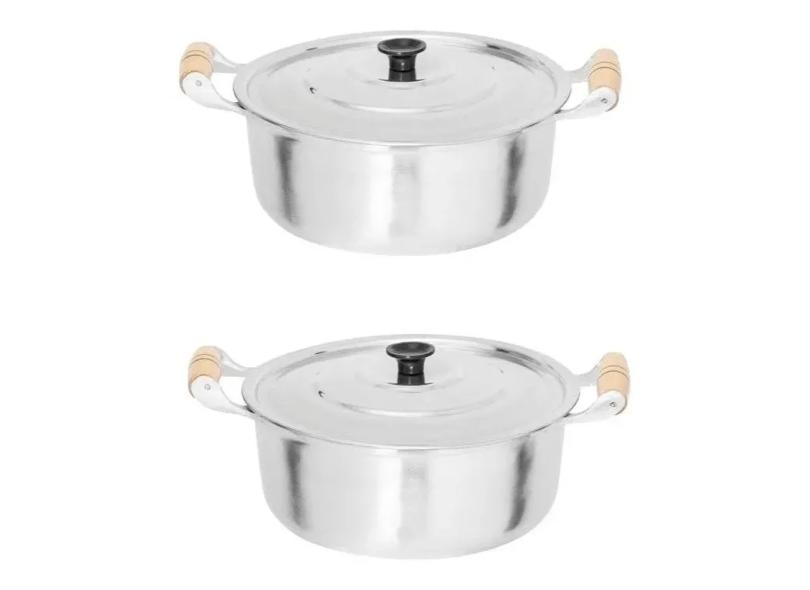 Caçarola aluminio batido polido 36 e 38 cm alça madeira
