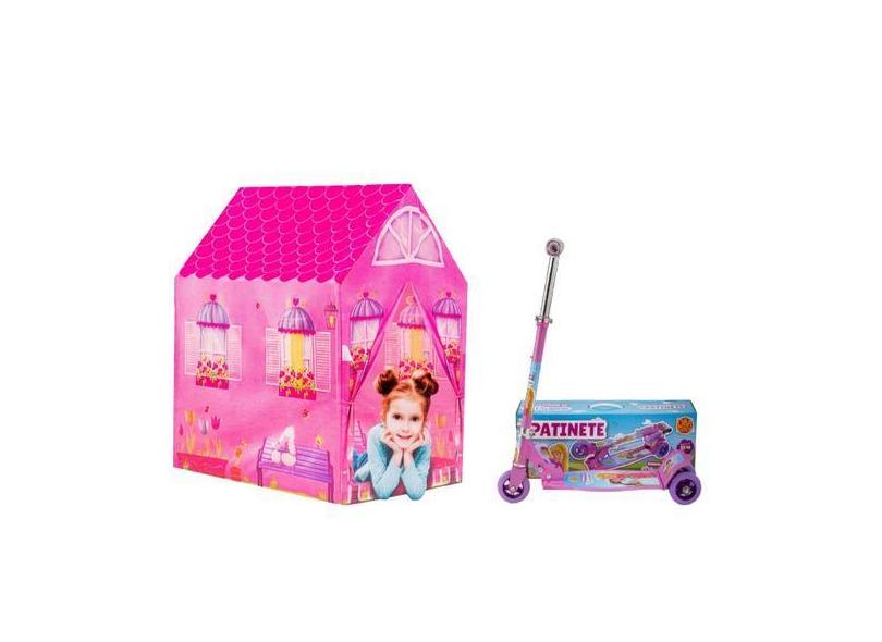 Patinete E Barraca Dobra Rosa Brincadeira Casinha Infantil - Dm Toys