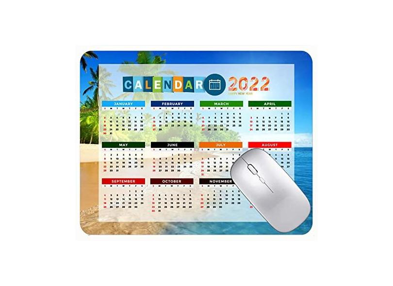 Mouse pad com calendário 2022 com feriados, lindo mouse pad de espuma do mar na praia com bordas costuradas