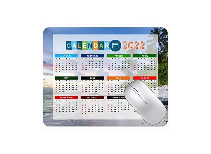Mouse pad com calendário 2022 com feriados, palmeiras de praia, pôr do sol, mar, antiderrapante, de borracha