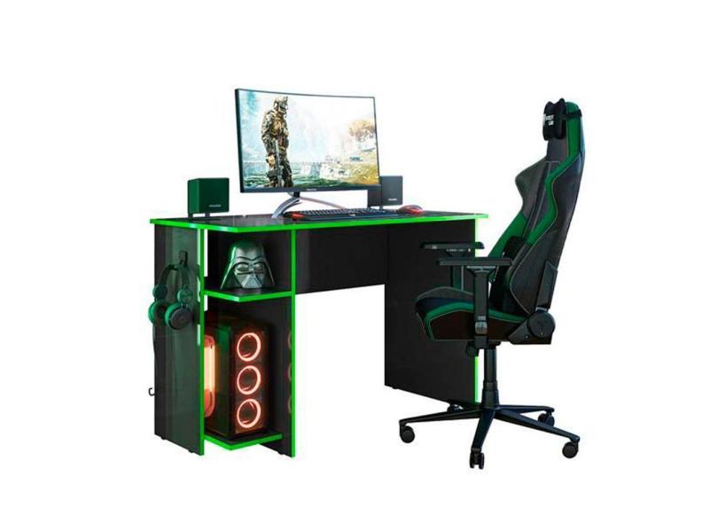 Mesa Gamer 2 Prateleiras Preto Fosco/Verde - Qmovi