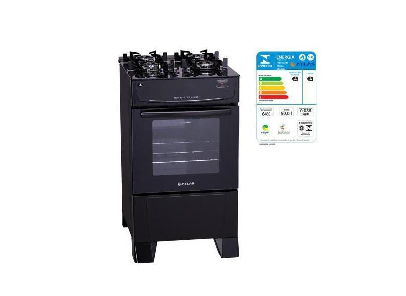 Fogão 4 Bocas com Forno Atlas Acendimento Automático Mesa Vidro Preto
