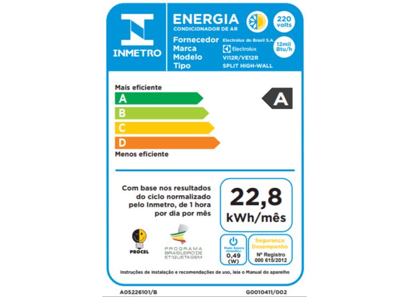 Ar-Condicionado Split Hi Wall Electrolux Ecoturbo 12000 BTUs Controle Remoto Quente/Frio VI12R / VE12R