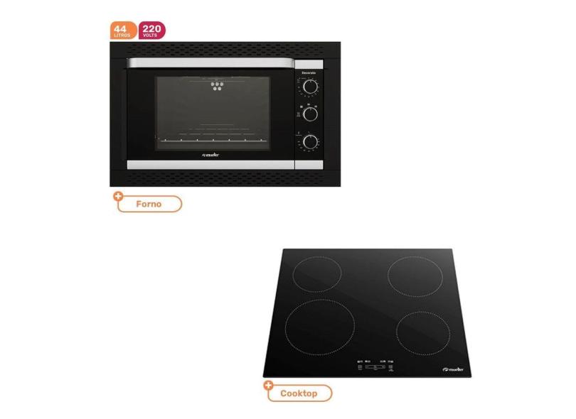 Kit Forno Eletrico Mueller Embutir Decorato 44 Litros Preto 220V com Cooktop por Induçao Mueller 4 Bocas Preto 220V