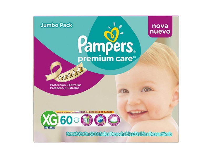 Fralda Pampers Premium Care XG Jumbo 60 Und 12 - 15kg
