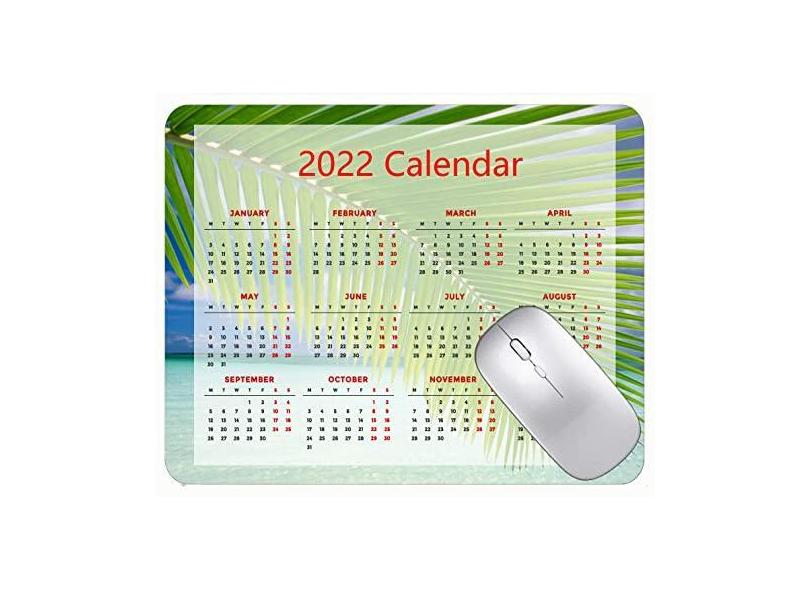 Mouse pad com calendário 2022, com feriados, folhas de palmeira, verde, praia, escritório, mouse pad