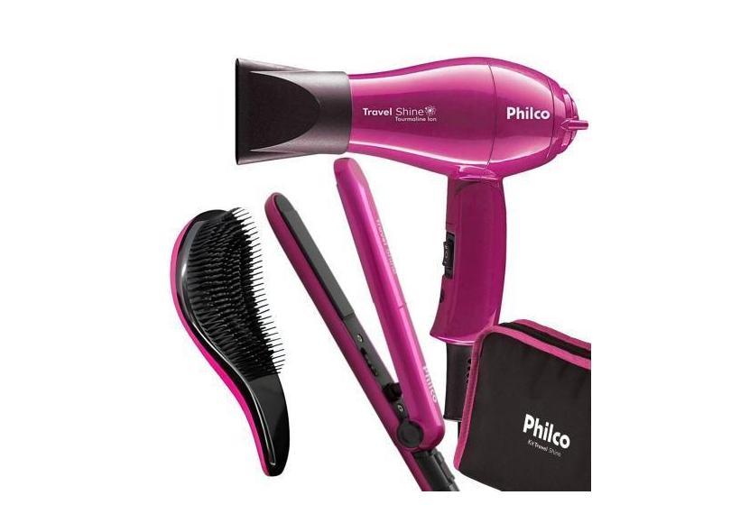 kit Mini Secador De Cabelo Philco Pequeno Dobrável Prancha Cerâmica Bi