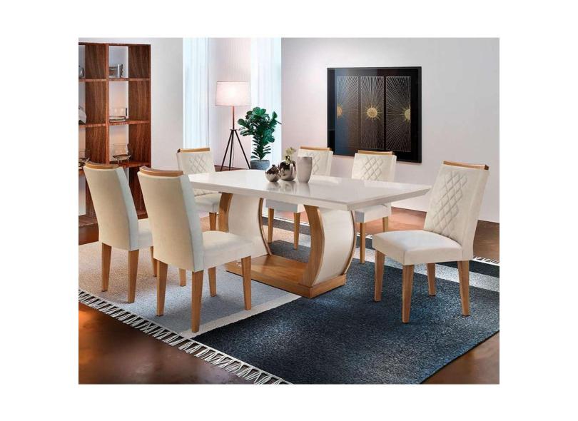 Conjunto de Mesa de Jantar com 6 Cadeiras Estofadas Maia I Veludo Off White  e Creme
