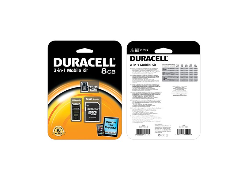 Cartão de Memória Micro SDHC com Adaptador Duracell 8 GB DU-3IN1-08G-R