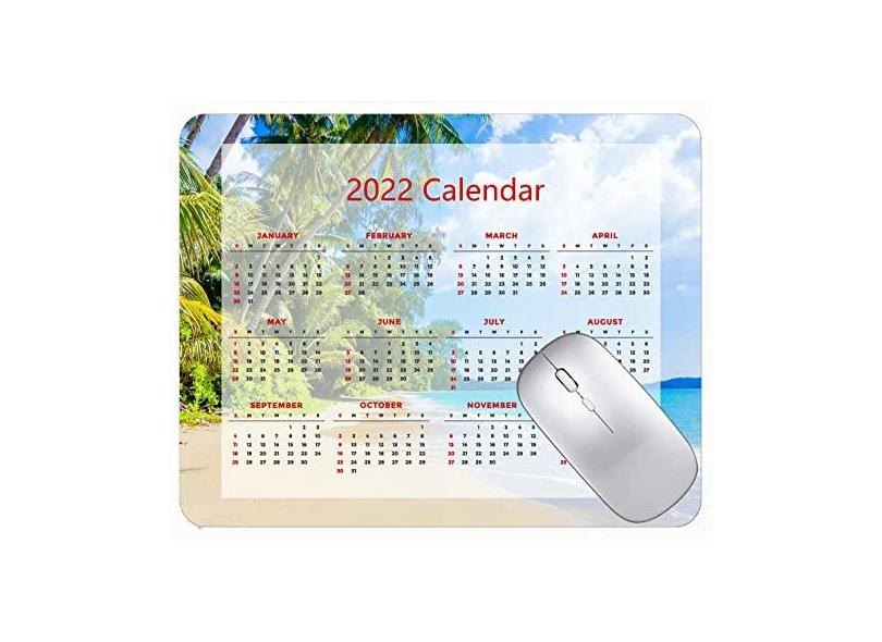 Mouse pad com calendário 2022 com bordas costuradas, tapete preto para jogos, praia, palmeiras, azul