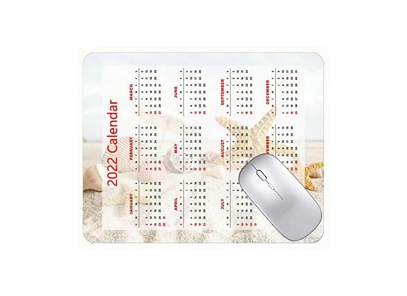 Mouse pad 2022 Calendário com feriados, conchas, estrela-do-mar, areias