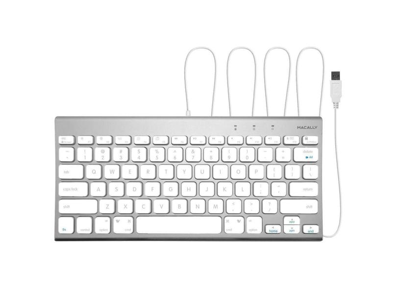 Teclado USB com fio para Mac e PC. Design elegante com 78 teclas, 13 atalhos e indicadores LED