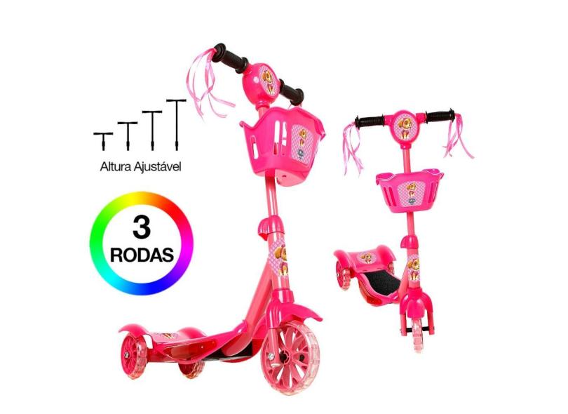 Patinete Infantil Patrulha Canina Rosa 3 Rodas Luz E Som