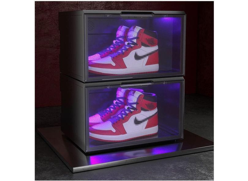 2 pacotes de caixas de sapatos de LED com controle de voz, estojos de sapatos transparentes para tênis de exibição, caixa de armazenamento de plástico empilhável com ds, organizador de sapat