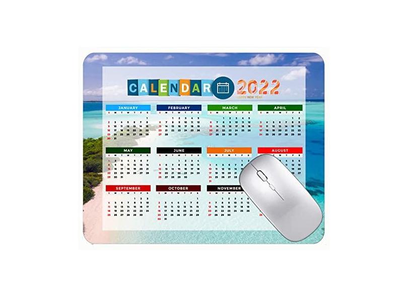 Mouse Pad 2022 Calendário com feriados, espumas do mar, areias de praia, base de borracha antiderrapante