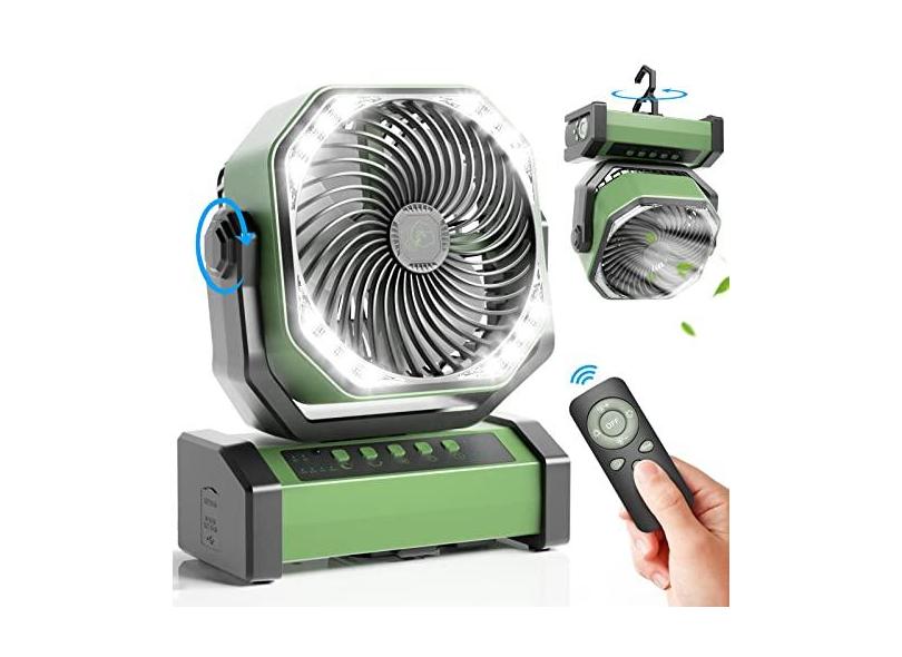 vidihill Ventilador de acampamento de 20000 mAh com luz LED, ventilador de mesa oscilante automático com controle remoto e gancho, ventilador de barraca externo operado por bateria recarregável com