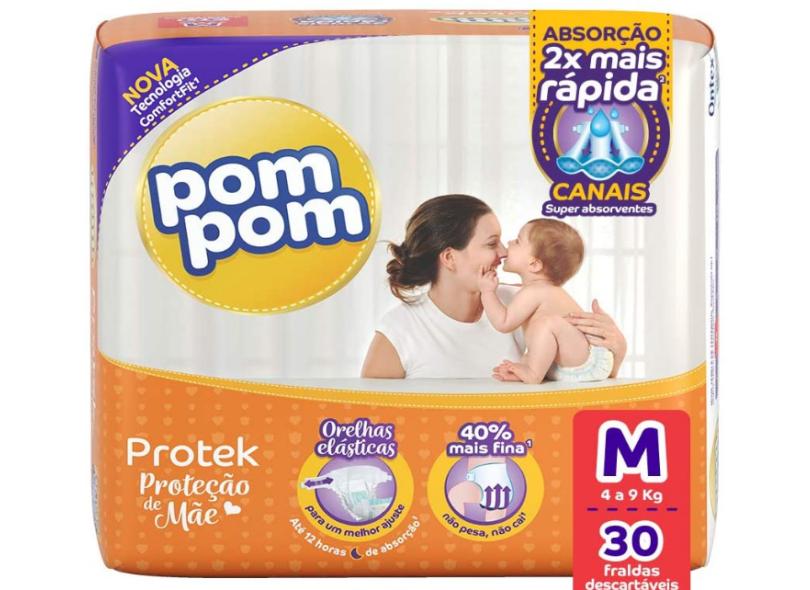 Fralda Pom Pom Protek Proteção de Mãe Tamanho M Jumbo 30 Unidades Peso Indicado 4 - 9kg
