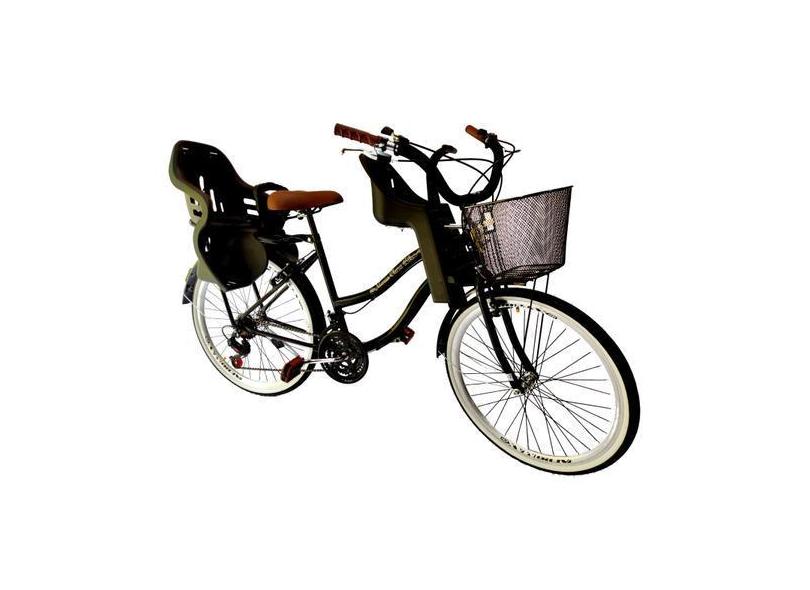 Bicicleta aro 26 com 2 cadeirinhas 18 marchas cesta Preto - Maria Clar