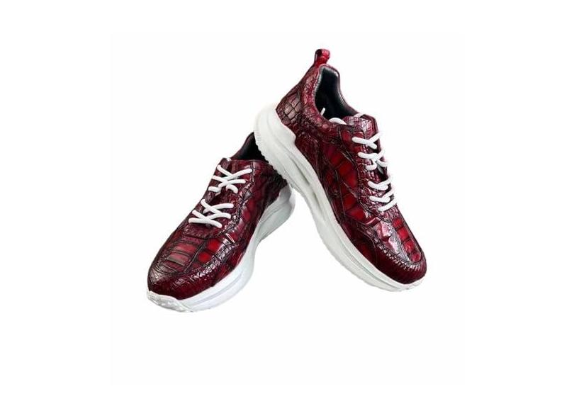 Authentic Exotic Crocodile Skin Tênis masculino couro de jacaré genuíno pintado à mão cor vermelho clarete cadarço masculino casual sapatilha, Vinho tinto, 38