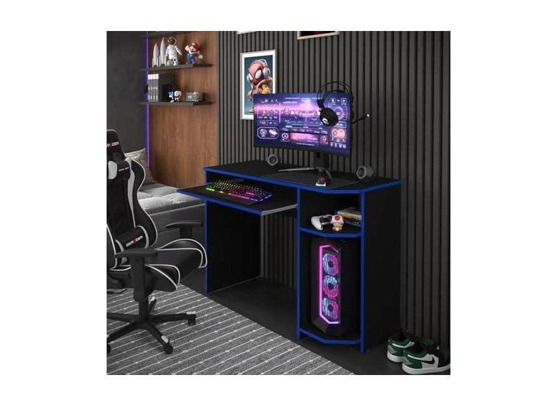 Mesa Gamer escrivaninha Para PC Gamer - Preta/Azul