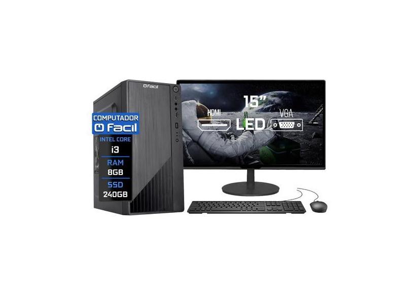 Computador Completo Fácil Intel Core i3 8GB SSD 240GB Monitor 15" HDMI