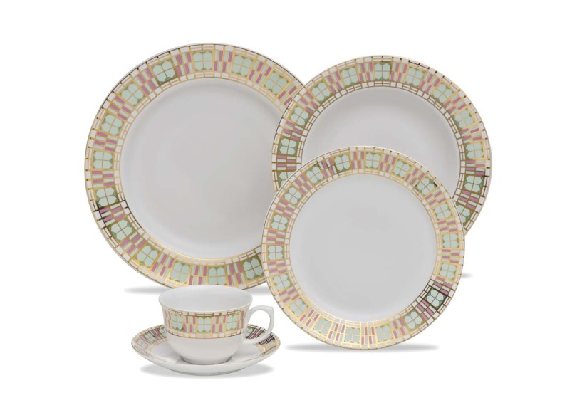 Aparelho de Jantar Redondo de Porcelana 30 Peças - Oxford Porcelanas Flamingo Déco