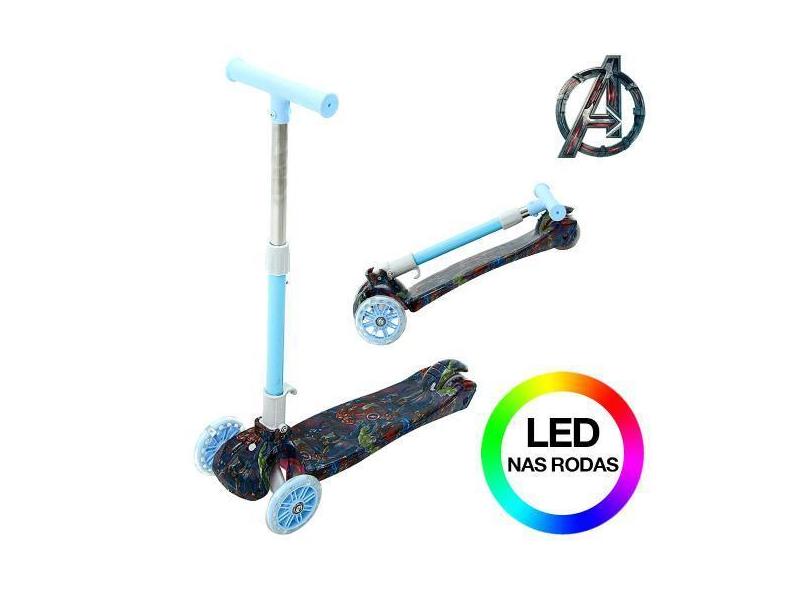 Patinete Marvel Vingadores Azul para Crianças de 3 Rodas Led