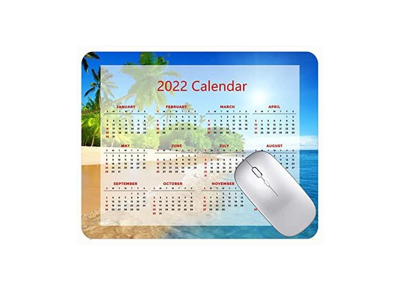 Mouse Pad 2022 calendário com feriados, lindo tapete de mouse pad para jogos com palmeiras na praia com bordas costuradas