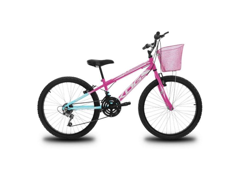 Bicicleta Infantil Aro 24 KOG Feminina 18 Marcha 3x8 Velocidades com Cestinha para Meninas Azul Degrade Branco