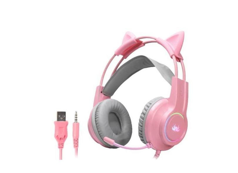 HEADSET FONE GAMER COM MICROFONE E LED P3/P2 - KP-GA04 ROSA