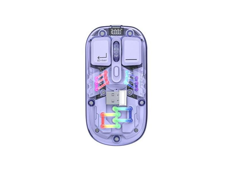 Mouses transparentes sem fio de modo duplo, BT5.0 2.4G comutação de um botão, mouse recarregável tipo C de 400 mAh, luzes RGB ajustáveis de DPI de três níveis, capa magnética para PC, driver