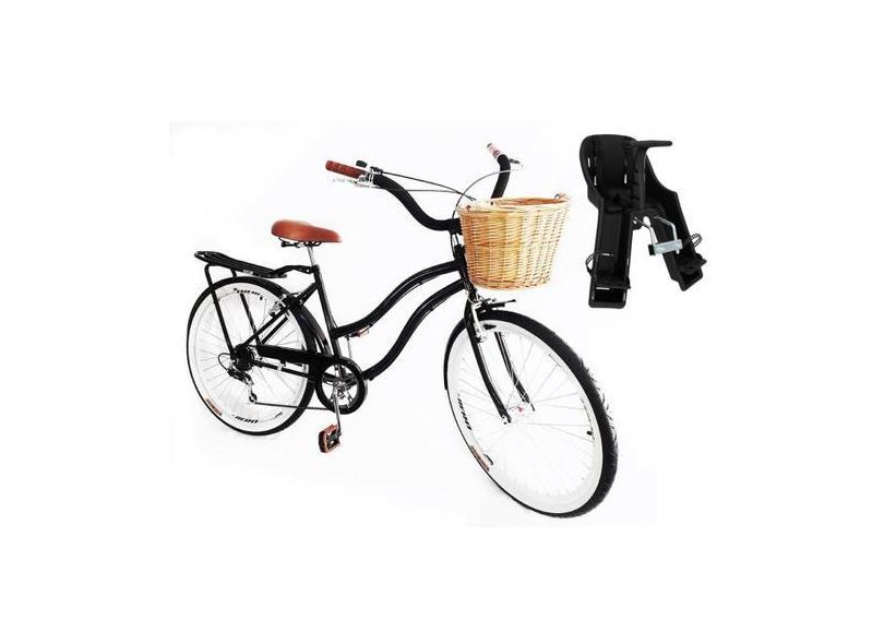 Bicicleta urbano retrô Aro 26 cadeirinha 6v cesta vime preto - Maria C
