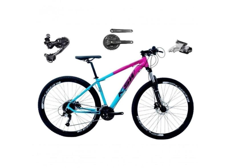 Bicicleta Aro 29 Ksw Xlt Câmbio Traseiro Shimano Deore E Altus 27v Freio Hidráulico Garfo Trava - Rosa/azul Tam.17