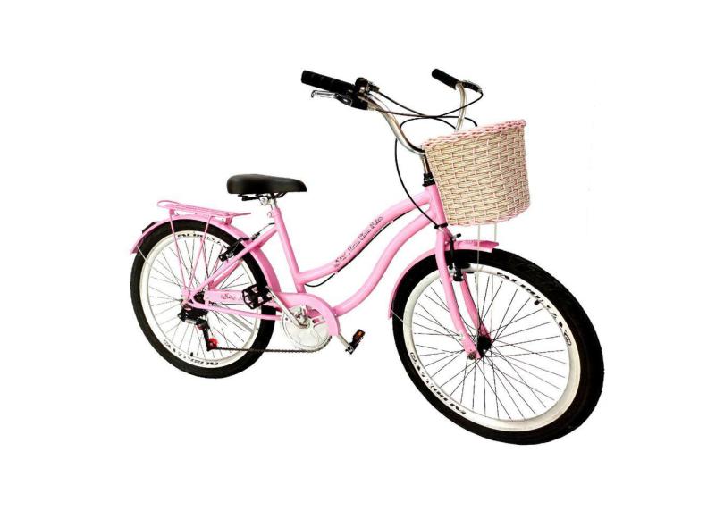 Bicicleta feminina aro 26 cestinha tipo vime 6 marchas rosa