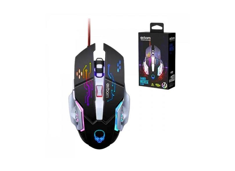 Mouse Gamer LED RGB com 6 Botões Base de Metal 4800 DPI Exbom MS-G280,