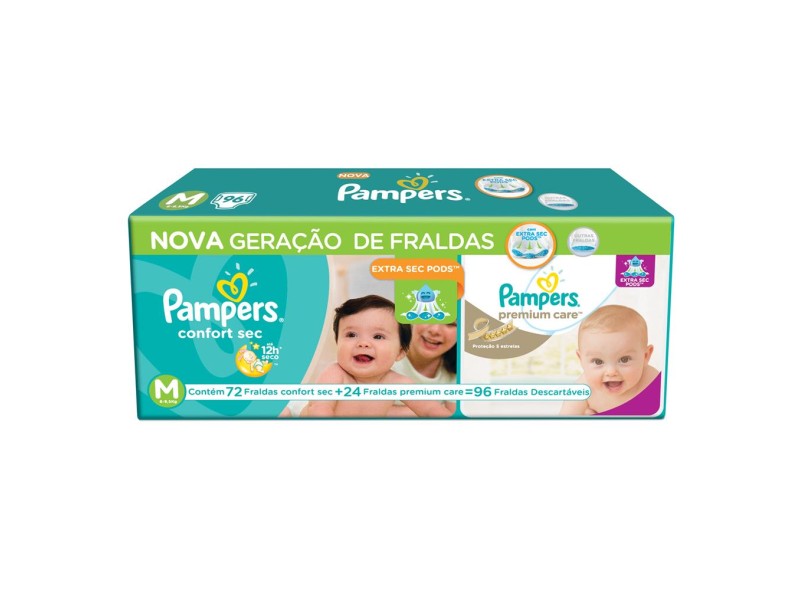 Fralda Pampers Confort Sec e Nova Premium Care M 96 Und 6 - 9,5kg