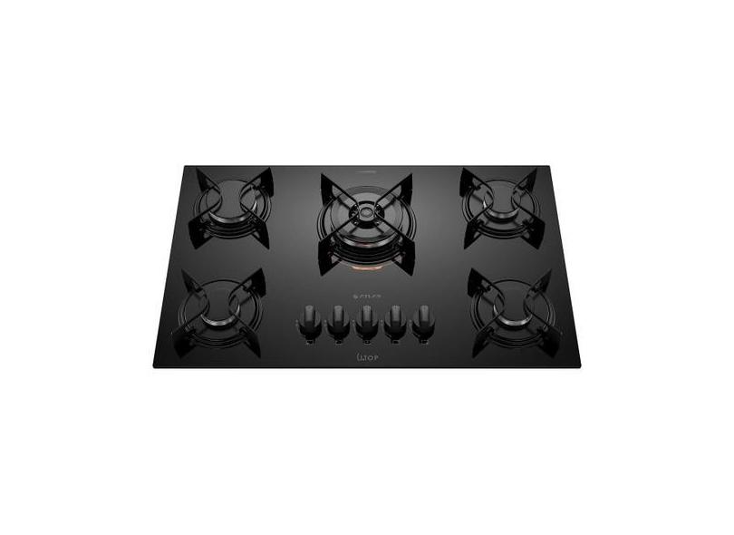 Cooktop 5 Bocas Preto com Mesa de Vidro e Tripla Chama Atlas, Bivolt