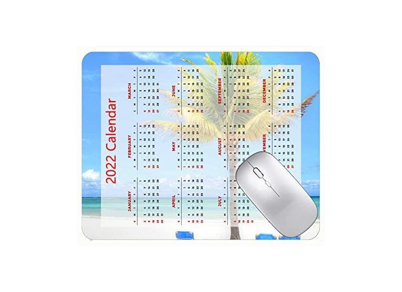 Mouse pad com calendário 2022 com feriados, tapete para jogos Palm Tree Beach Sea