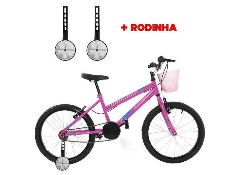 Bicicleta Infantil Aro 20 Feminina Com Rodinha Lateral e Cesta Freios V-Brake Wendy Para Meninas Pink