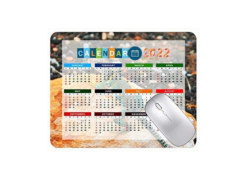 Mouse pad com calendário 2022 com bordas costuradas, preto para jogos, colorido, lagarto, lagartixa, pedra de lagartixa