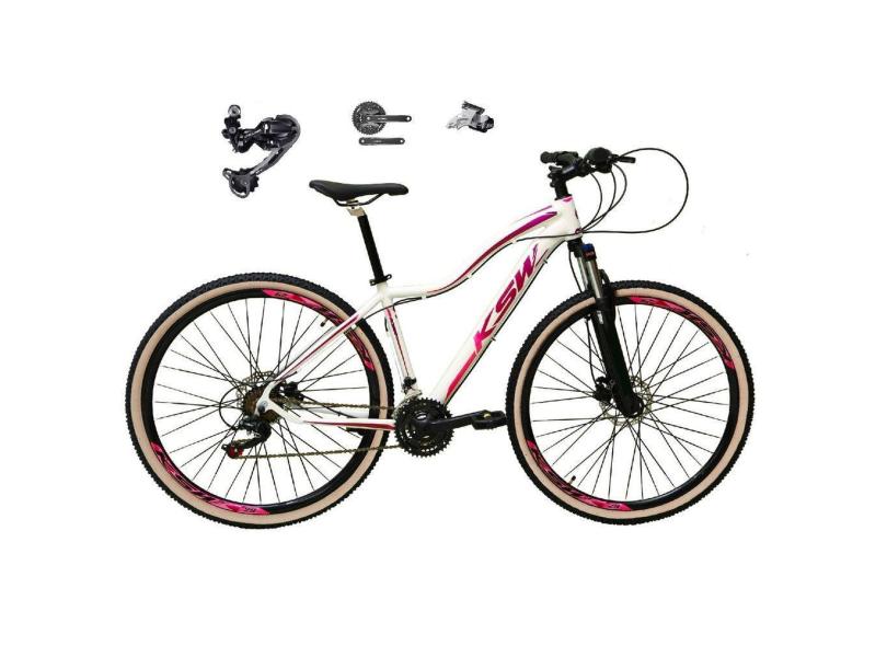 Bicicleta Feminina Aro 29 Ksw Mwza Câmbio Traseiro Shimano Deore e Altus 27v Freio Hidráulico Garfo Com Trava Pneu Faixa Bege - Branco/Pink/Violeta